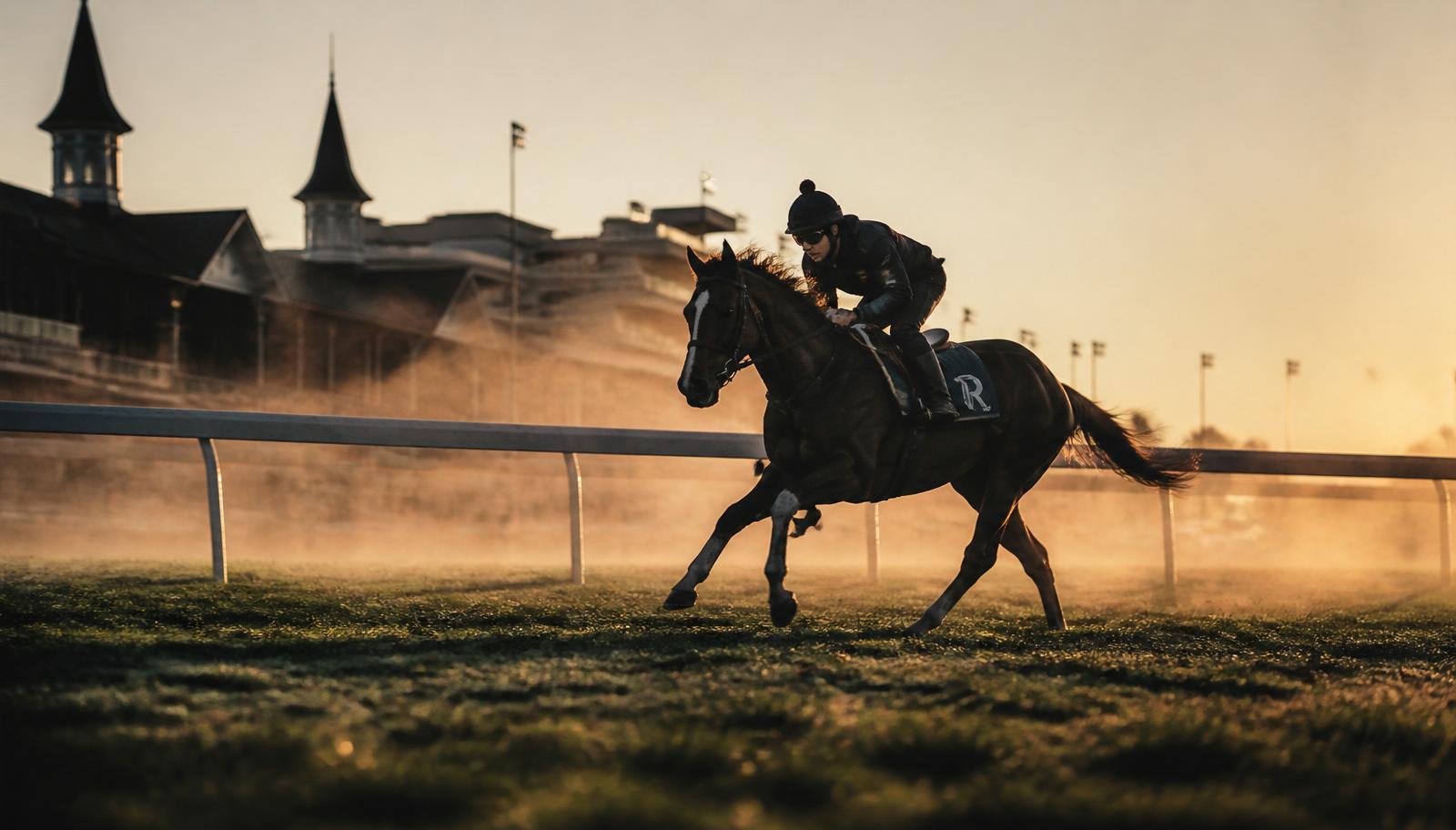 Thoroughbred galloping at dawn trackwork, mist rising from the turf