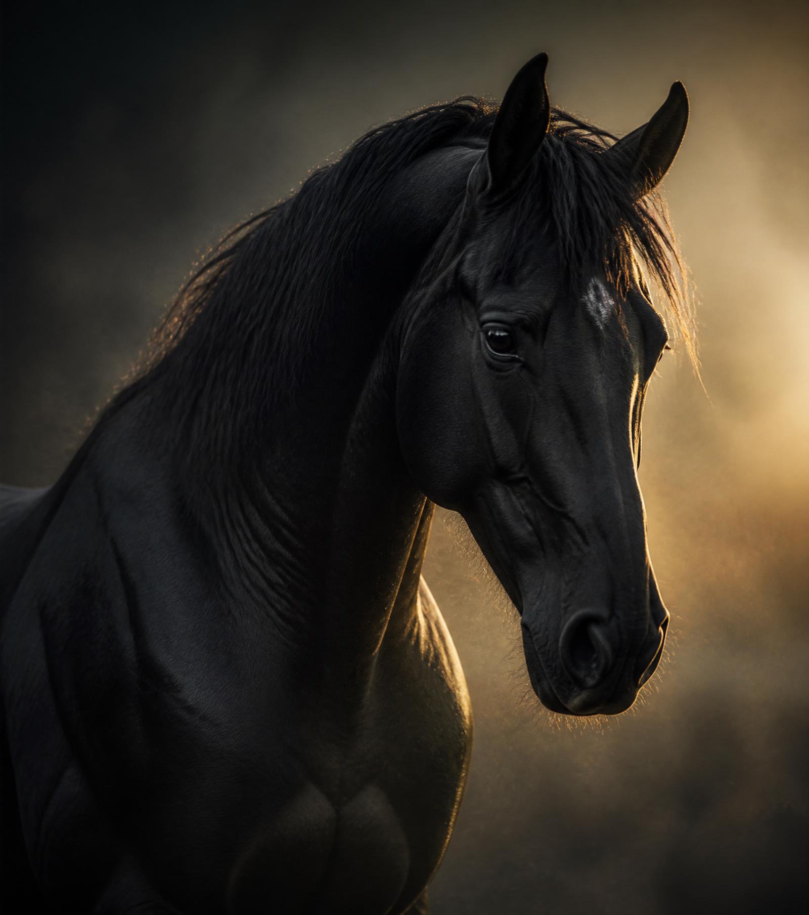 Thoroughbred racehorse in profile against a dark, cinematic backdrop