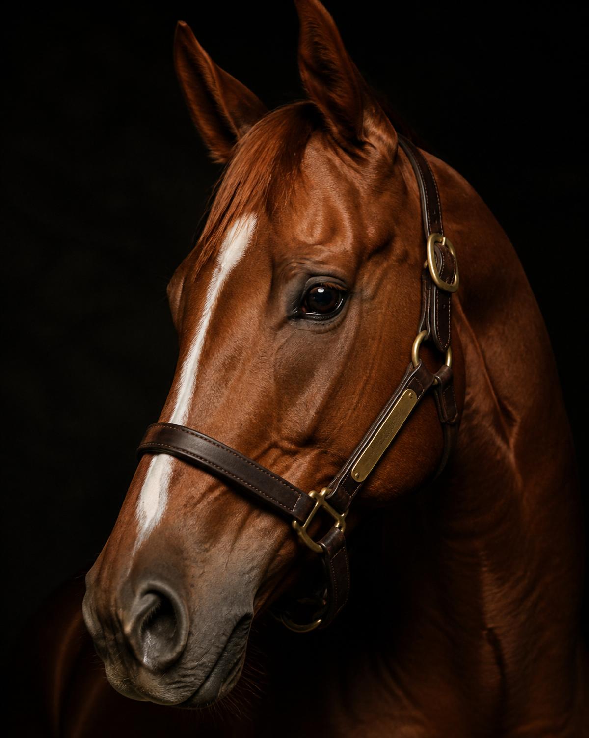 Editorial portrait of a chestnut thoroughbred