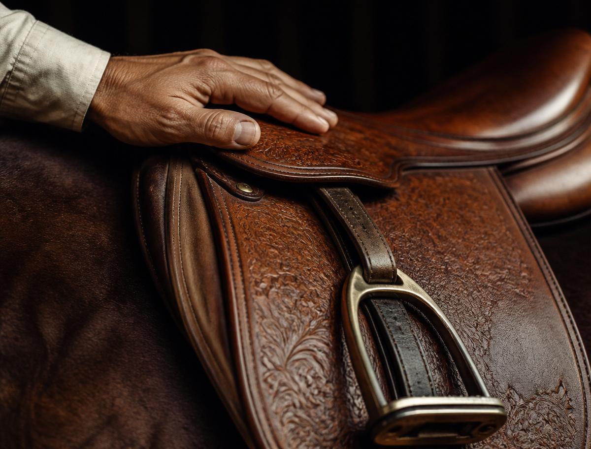 Hand resting on tooled leather English racing saddle with brass buckle