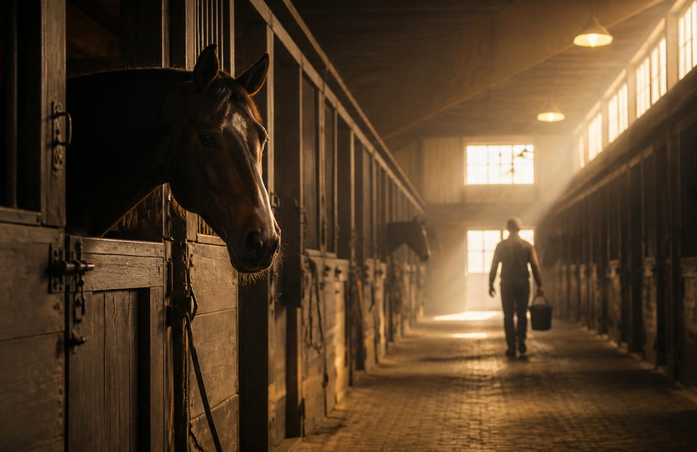 Quiet thoroughbred stable aisle at early morning with warm light